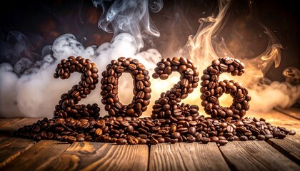 &ldquo;2026&rdquo; formed with coffee beans on wood surface, steam rising in dramatic spotlight.