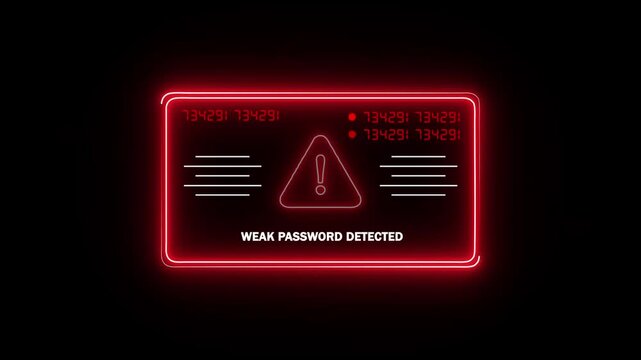  weak password detected Alert. Warning security breach computer hacking warning message hacked Warning symbol on the screen privacy protection data hacking malware virus Danger sign.4k video
