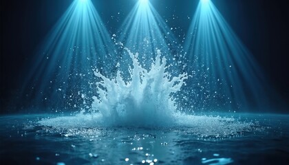 Dramatic water splash erupts with bright blue spotlight beams illuminating tiny droplets. Dynamic fluid motion creates abstract pattern. Wet, refreshing, dark background, shiny surface, cool liquid