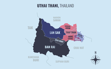 A map showing Uthai Thani Thailand divided into districts in a minimalist colorful style