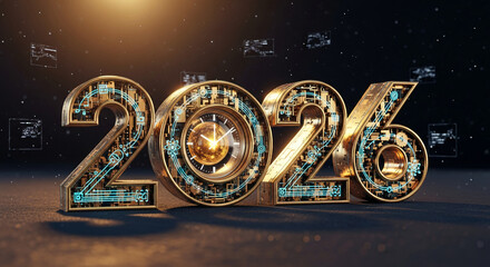Golden numbers "2026" with futuristic circuit patterns and clock face. Represents technological advance, year indication, future prediction, digital age