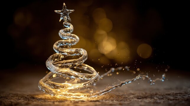 Creative glowing liquid splash in the shape of a Christmas tree with a star on a dark background with bokeh