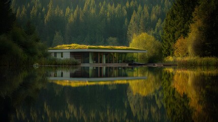 Serene lake house blends modern luxury with nature a tranquil forest retreat lifestyle photography