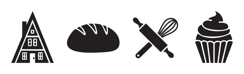 Fototapeta premium Baking icons set featuring a house, bread, rolling pin, and whisk, alongside a delicious cupcake, representing homemade treats and confectionery.