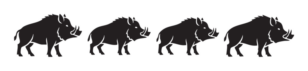 Obraz premium Four wild boars depicted in a graphic black silhouette style, showcasing their powerful and rugged form as a symbol of strength and wilderness.