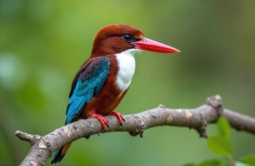 White throated kingfisher perches on branch, hunts prey. Bright blue wings contrast with red bill, white neck. Wild bird in lush green forest habitat.