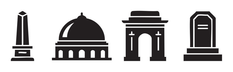 Obraz premium Monuments and landmarks icons set featuring various historical structures like an obelisk, a domed building, a triumphal arch, and a tombstone in a minimalist black silhouette style.