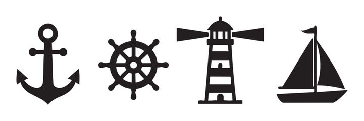 Obraz premium Nautical symbols anchor ship wheel lighthouse sailboat vector illustration set representing marine navigation, travel, and adventure on the open sea.