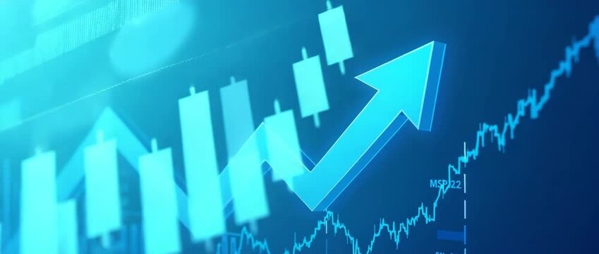 Blue business arrow and stock market graph arrow growing upwards on economic chart icon symbolizing trending growth and financial success. concept as Blue business arrow and stock market graph arrow g