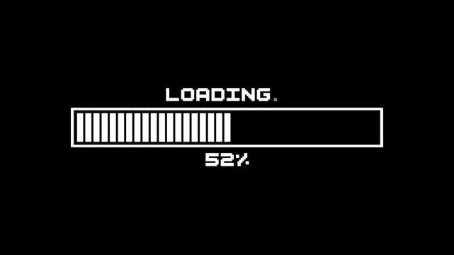 Retro game loading screen, dot characters, progress bar, Animation of flickering loading and complete text and bar on Transparent background alpha channel