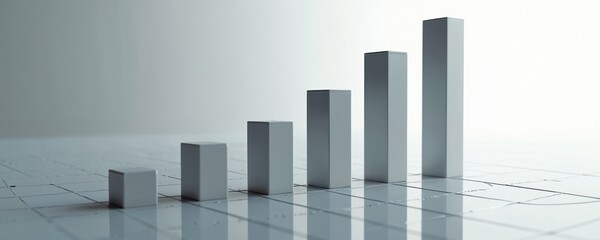 Grey bar chart shows rising trend on grid surface. Simple clean bars indicate positive financial growth. Data presentation for business success analysis.