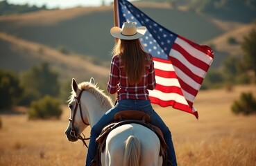 Woman in cowboy hat rides white horse carrying American flag. Wears plaid shirt, jeans. Rural landscape background with hills, dry grass. Outdoors activity celebrating patriotism. Equestrian
