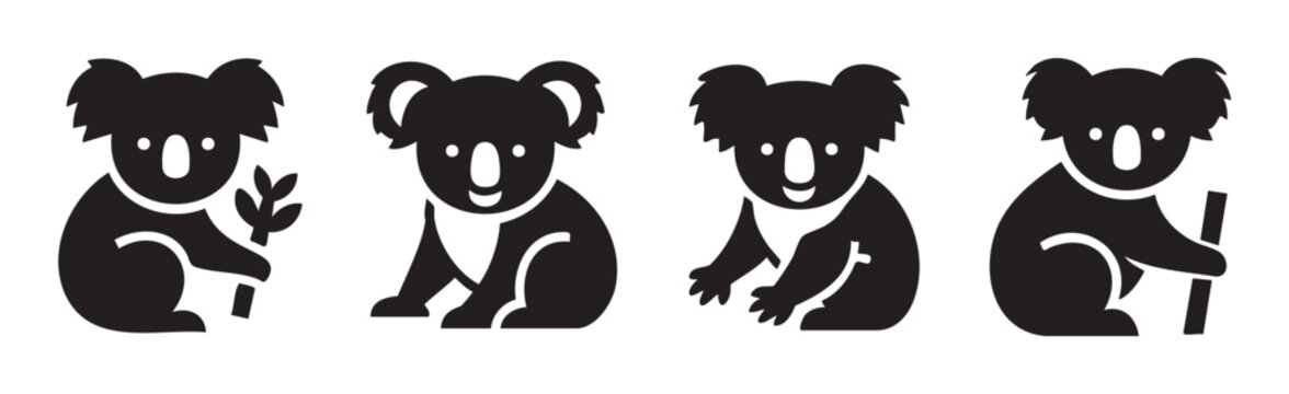 Four cute koala bear marsupial animal icons in various poses, representing Australian wildlife and nature in a simple, graphic vector style.