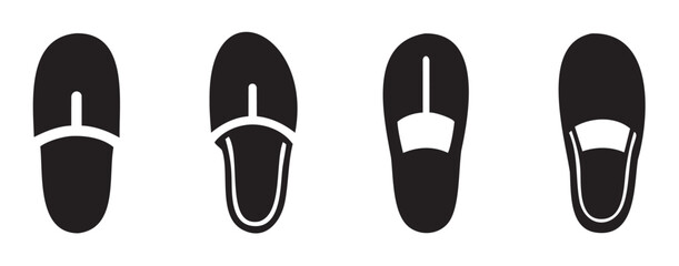 Four different types of comfortable slippers or house shoes in a simple black silhouette icon style, representing various indoor footwear options for relaxation and home comfort.