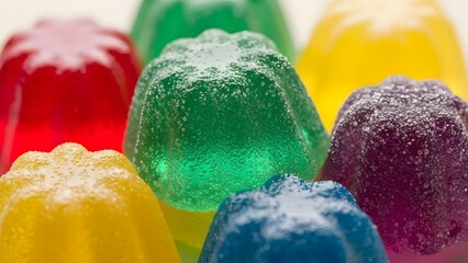 Colorful assorted fruit-flavored gelatin desserts close-up, macro photography