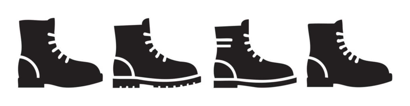 Four different black silhouette combat boots vector icons are displayed horizontally, representing various styles of sturdy footwear in a simple graphic illustration.