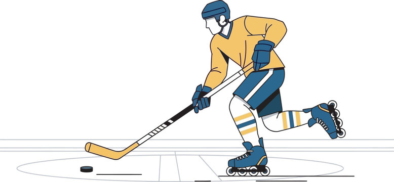 Dynamic vector graphic featuring a professional inline hockey athlete skating with a puck. This high-quality sports illustration is ideal for roller hockey leagues, equipment ads, and fitness designs.