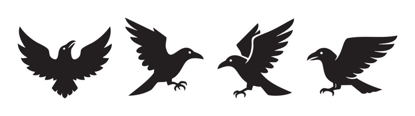 Obraz premium Four ravens flying with spread wings, depicted as black silhouettes in various dynamic poses, creating a powerful and mystical avian illustration.