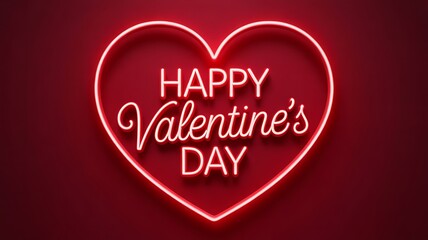 Glowing Red Neon Happy Valentine's Day Sign Inside a Heart Frame on Dark Background for Web Banners and Digital Celebration Posts and Social Media