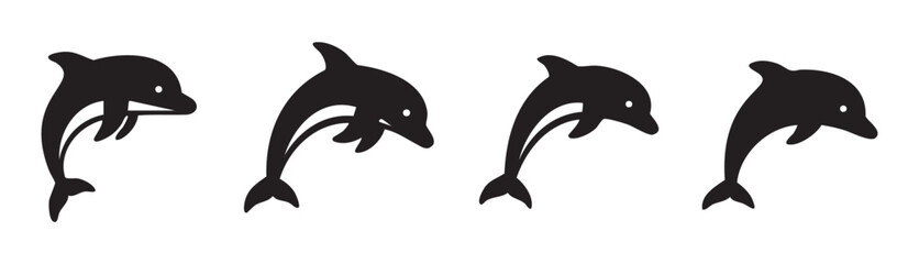 Obraz premium Four black dolphin silhouettes gracefully leaping and swimming together in a dynamic and playful vector illustration representing marine life and ocean joy.