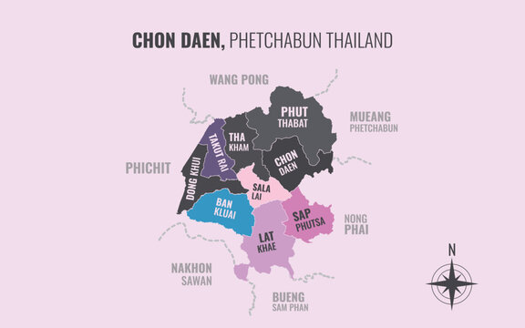 Map showing Chon Daen District Phetchabun Thailand divided into sub-districts with minimalist colorful patterns