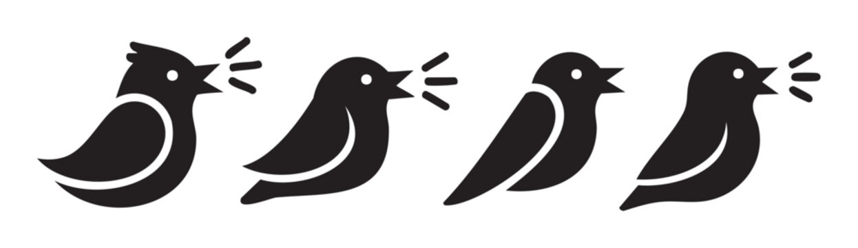 Four stylized black birds singing in a row, depicted as simple graphic icons with sound waves emanating from their open beaks, symbolizing communication.