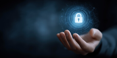 Hand holding glowing padlock icon cybersecurity data protection and online privacy in digital business concept