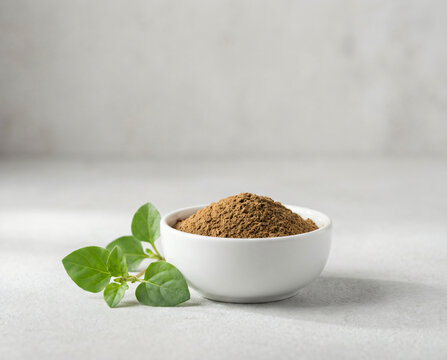 Boerhavia diffusa (Punarnava) root powder in a white ceramic bowl with fresh green leaves on a soft neutral background. Ayurvedic herbal medicine, natural wellness and traditional healing concept.