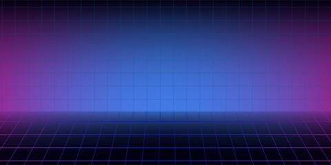 Neon background in 80s style, laser grid illustration with floor and shiny white door. Abstract disco club interior with star sky, poster template for vaporwave, synthwave music style.