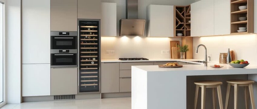 Modern kitchen interior with sleek appliances and minimalist design, soft ambient light flickers gently as the camera pans slowly, creating a cinematic, serene atmosphere.