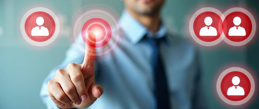 Business professional interacts with virtual touchscreen interface, light flickers subtly, camera slowly pans, modern technology concept in a cinematic, high-tech office environment.