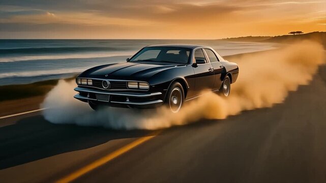 Black Vintage Sedan Drifting on Coastal Road with Dust Clouds at Sunset automobile classic