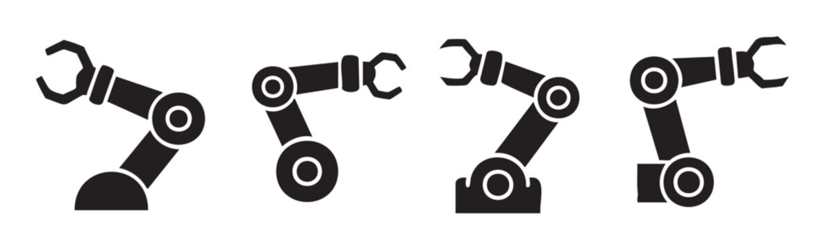 Four industrial robotic arm icons with grippers are depicted in various poses, illustrating modern automation and advanced technology concepts.