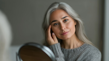 Elegant mature woman with long gray hair touching face natural beauty aging gracefully soft home background