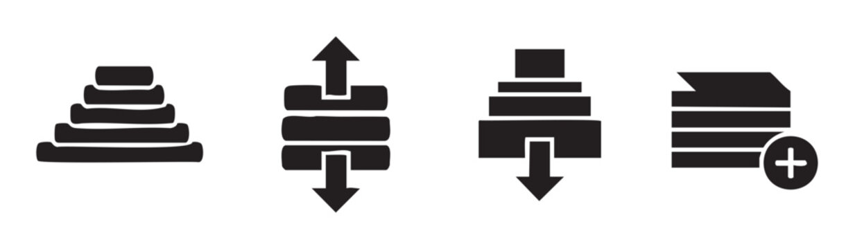 These four black and white data management icons represent various actions like stacking, uploading, downloading, and adding information or files.