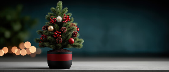 Small decorated Christmas tree in red pot festive ornaments pine cones dark teal background holiday home decor