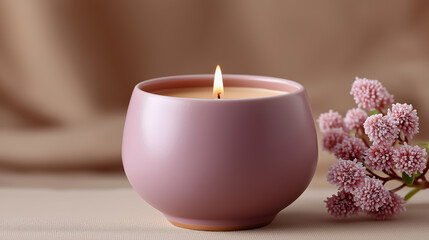 Lit scented candle in pink ceramic cup with flowers soft beige background spa relaxation comfort concept