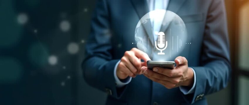 Business professional using smartphone voice command in a modern office setting, with smooth cinematic camera pan and ambient light flicker, ideal for technology and innovation themes.