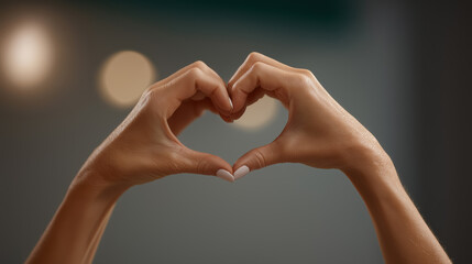 Female hands making heart shape gesture love care support warm lights dark background relationship concept