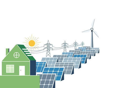 Green energy future with solar panels and wind turbine powering a house, representing sustainable power generation and eco-friendly electricity
