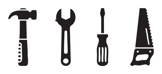 Hand tools icons set featuring hammer, wrench, screwdriver, and saw in a clean black silhouette style, representing construction, repair, and DIY concepts.