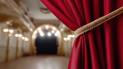 Red theater curtain with golden rope opening stage lights in background art entertainment show concept