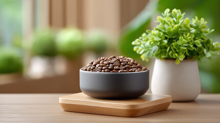 Bowl of roasted coffee beans with green plant on wooden board natural cafe aroma morning energy concept