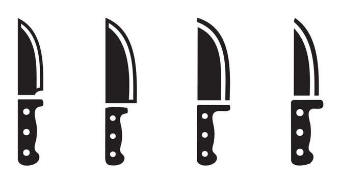 Four black silhouette kitchen knives vector icon set illustrating various cutlery designs essential for cooking, food preparation, and culinary themes.