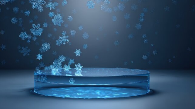 Blue glass pedestal podium with falling snowflakes on a blue background for winter product display - Powered by Adobe