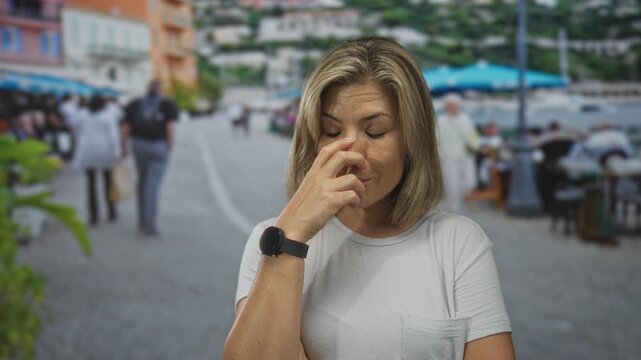 Young blonde woman wearing smartwatch and casual tee pinches nose with hand amid passersby on street; disgust.