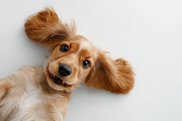 Funny cocker spaniel dog lying on back white studio background playful pet portrait with floppy ears
