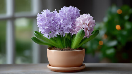 Purple hyacinth flowers in terracotta pot on windowsill spring home decor with soft bokeh background