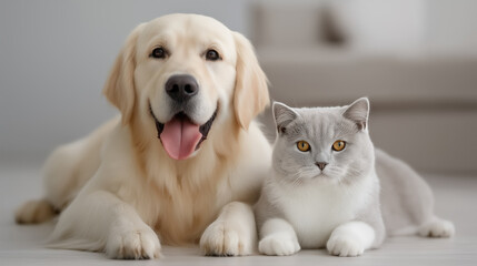 Golden retriever dog and gray British cat lying together on floor friendship pets concept light home background
