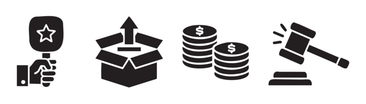 Auction and finance related icons illustrate essential concepts of bidding, delivery, currency, and legal judgment in a clear, modern style.